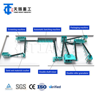 Granül Boyutu 2-10mm Çift Silindir Ekstrüzyon Granülatörlü Kompoze Gübre Üretim Hattı